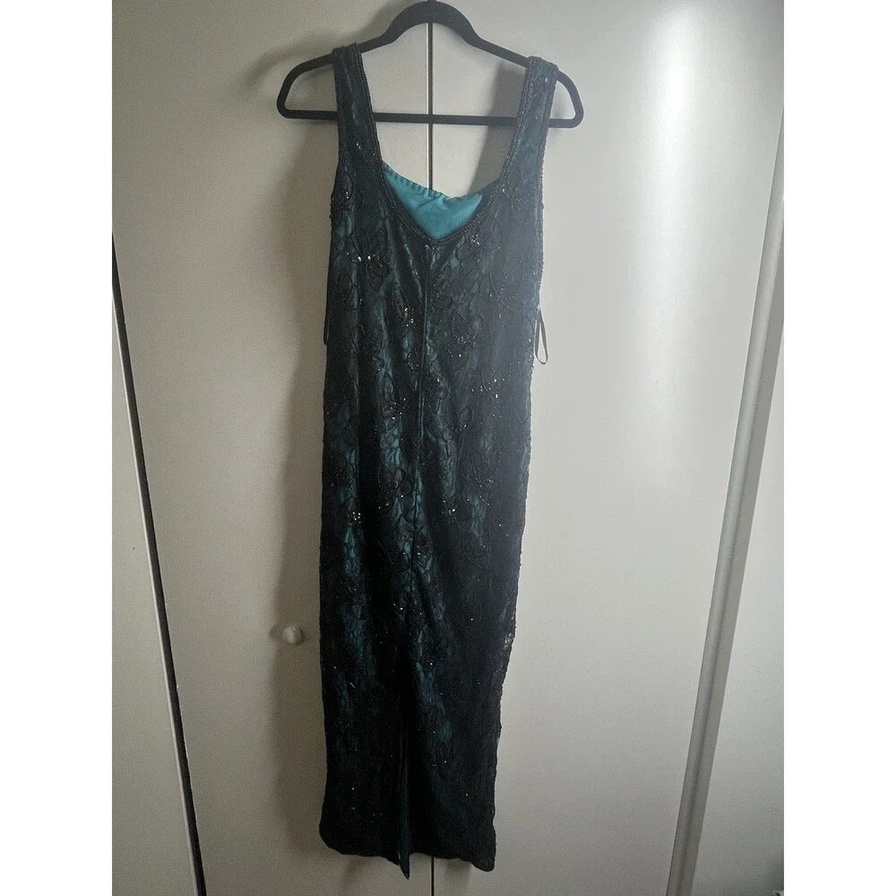 Vintage Brilliante by J.A. Black Silk Beaded with Emerald Green Evening Gown. - Picture 2 of 11
